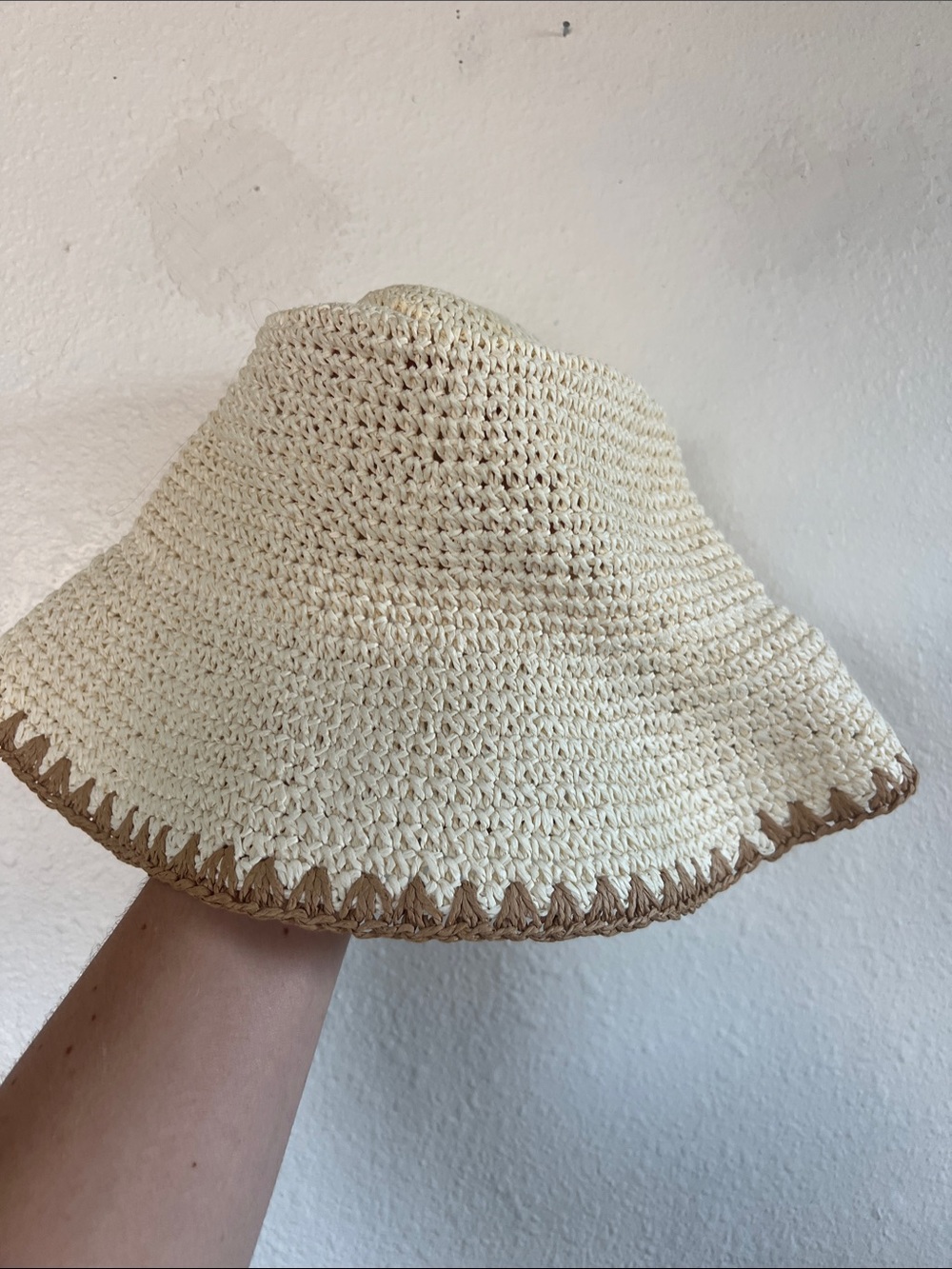 Madewell Cream Crochet Bucket Hat with Tan Trim